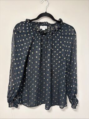 Velvet by Graham & Spencer Black Blouse with Gold Dot Ruffle Neck
